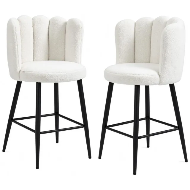 OKWISH Barkrukken 52 x 53 x 93 cm - Set van 2 met Rugleuning en Voetensteun - voor Keuken en Bar - Boucléstof en Staal - Crème en Zwart