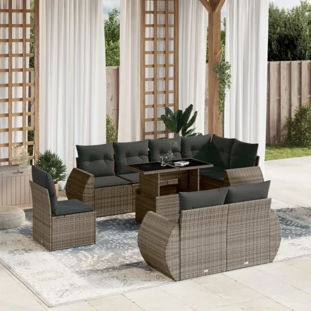 vidaXL 9-delige Loungeset met kussens poly rattan grijs, foto 2