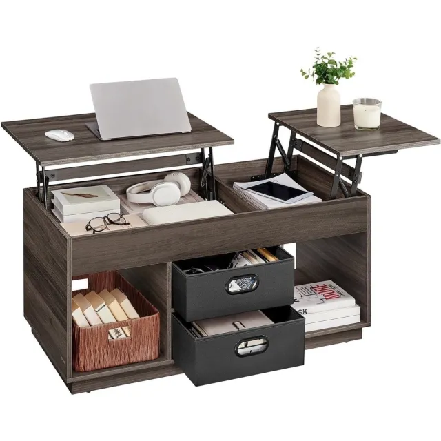 Klarven Salontafel Asbruin - Salontafel met Opbergruimte - Salontafel met Lade - Verstelbaar Lift-top Blad - Verschuifbaar, 2 Lades en 2 Verborgen Vakken