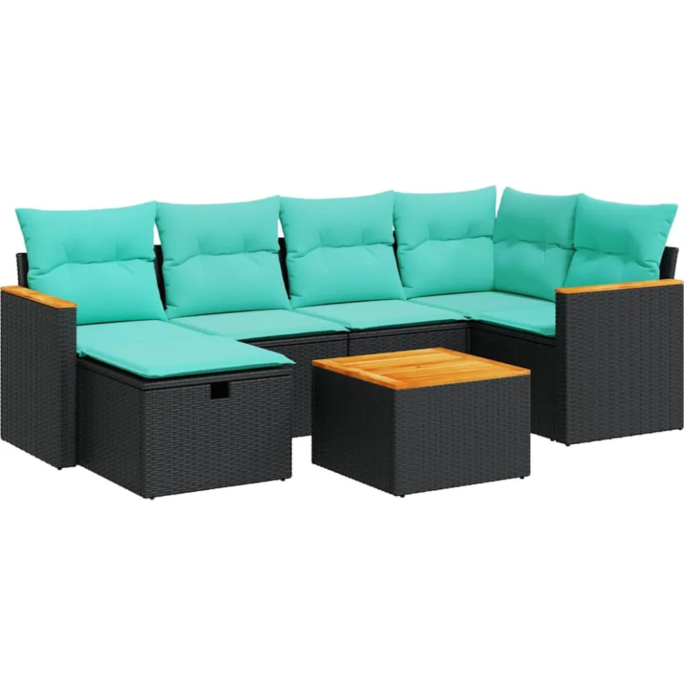 vidaXL 7-delige Loungeset met kussens poly rattan zwart, foto 3
