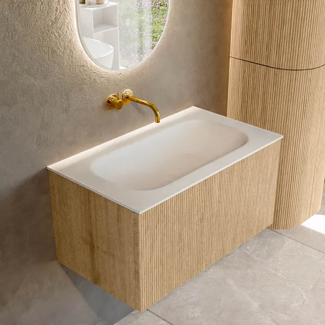 Mondiaz KURVE 80 cm Onderkast Greeploos 1 Lade Zonder Deuren Oak, Wastafel Solid Surface Volledig Talc 0 Kraangaten Zonder Spiegel (KRVBGS801L0D0KM-Oak/Tal)