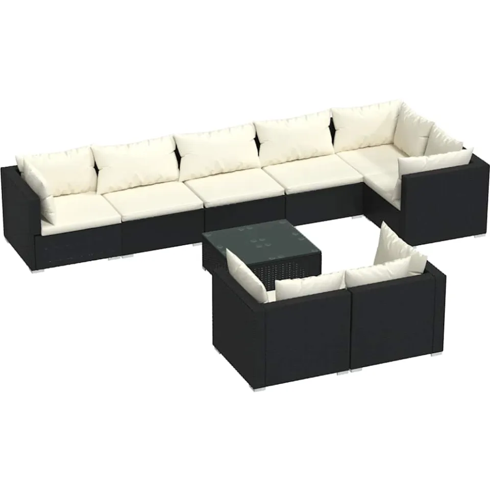 vidaXL 9-delige Loungeset met kussens poly rattan zwart, foto 3