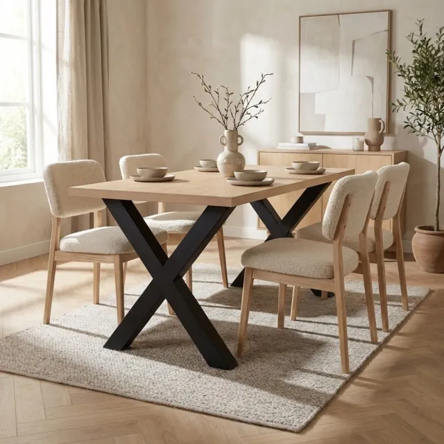 Dimehouse Eettafel Lenzo Rustiek Eiken - Zwarte X-poot 170 x 80 x 3,8 cm - Hout - Industrieel - Rechthoek Bruin