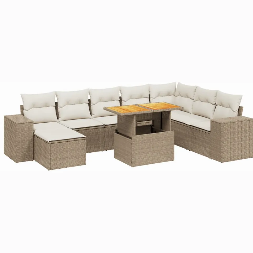 vidaXL 9-delige Loungeset met kussens poly rattan beige