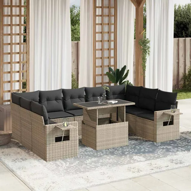vidaXL 10-delige Loungeset met kussens poly rattan lichtgrijs grijs, foto 2