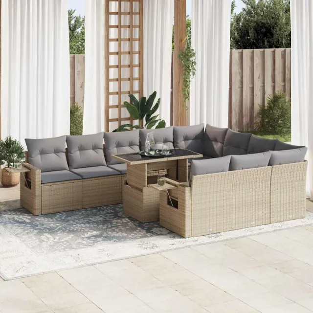 vidaXL 11-delige Tuinset met kussens poly rattan beige, foto 2