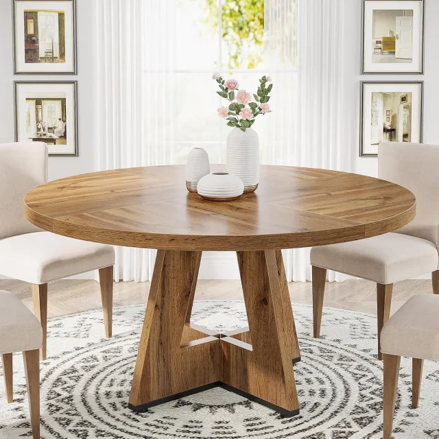 Tribesigns Keukentafel - Ronde Eettafel - 120 X 120 X 75 cm - Eetkamertafel Voor 4 Personen - met Houten Tafelblad en Poten - Industrieel Design - Vintage - Knobbelhout