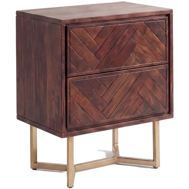 Ervesto Nachtkastje - Acacia Massief Hout 45x40x57 Cm - Industriële Nachtkast - Hout Donkerbruin Met Goudkleurig Metalen Frame - 2 Lades - Handgemaakt - Voor Boxspringbed