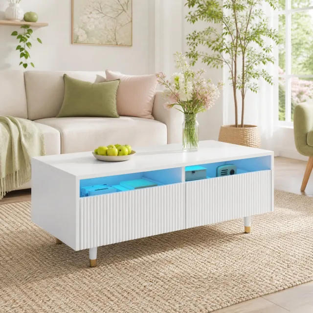 CHICFURN Salontafel - LED-verlichting - 2 lades - Wit