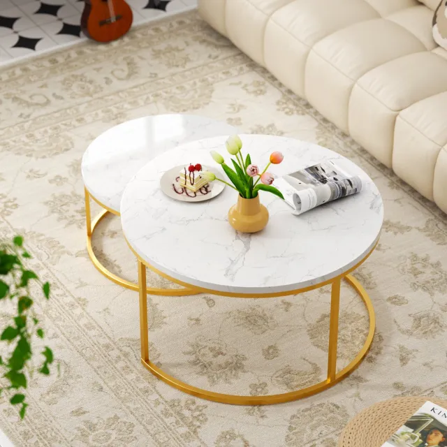 CHICFURN Salontafelset 80 cm - Stapelbaar - 2-delig - IJzeren frame - Woonkamer en kantoor - MDF - Wit en goud Wit+Groen