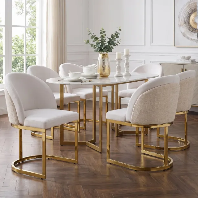 WUVRIE Set van 6 eetkamerstoelen 59x52x85 cm - Chenille bekleding en metalen poten - Beige/goud
