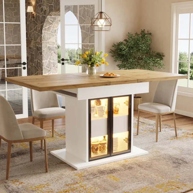 DESMIU Eettafel - Uittrekbare Tafel Met Opbergruimte En LED-Verlichting - Voor Keuken En Eetkamer - MDF En Metaal - 110 140x80x77,9 Cm - Wit