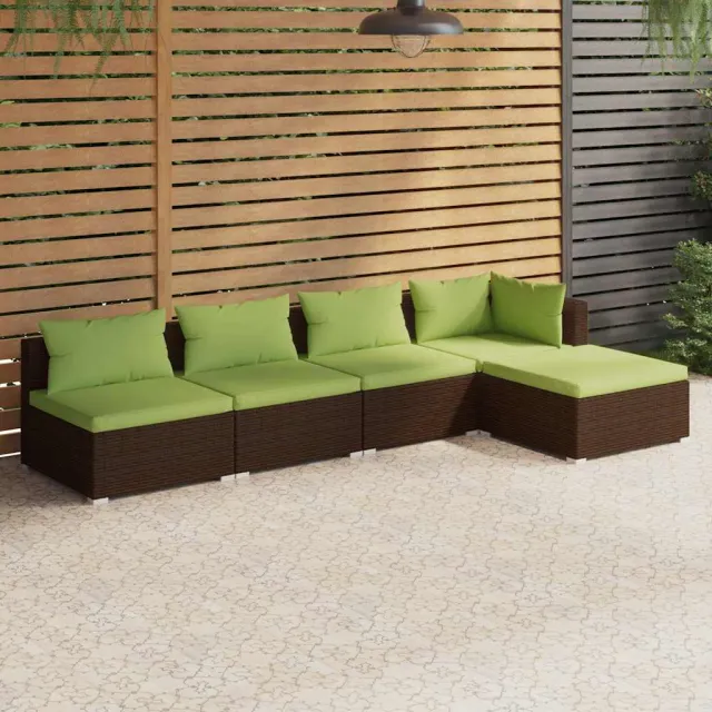 vidaXL 5-delige Loungeset met kussens poly rattan bruin, foto 2