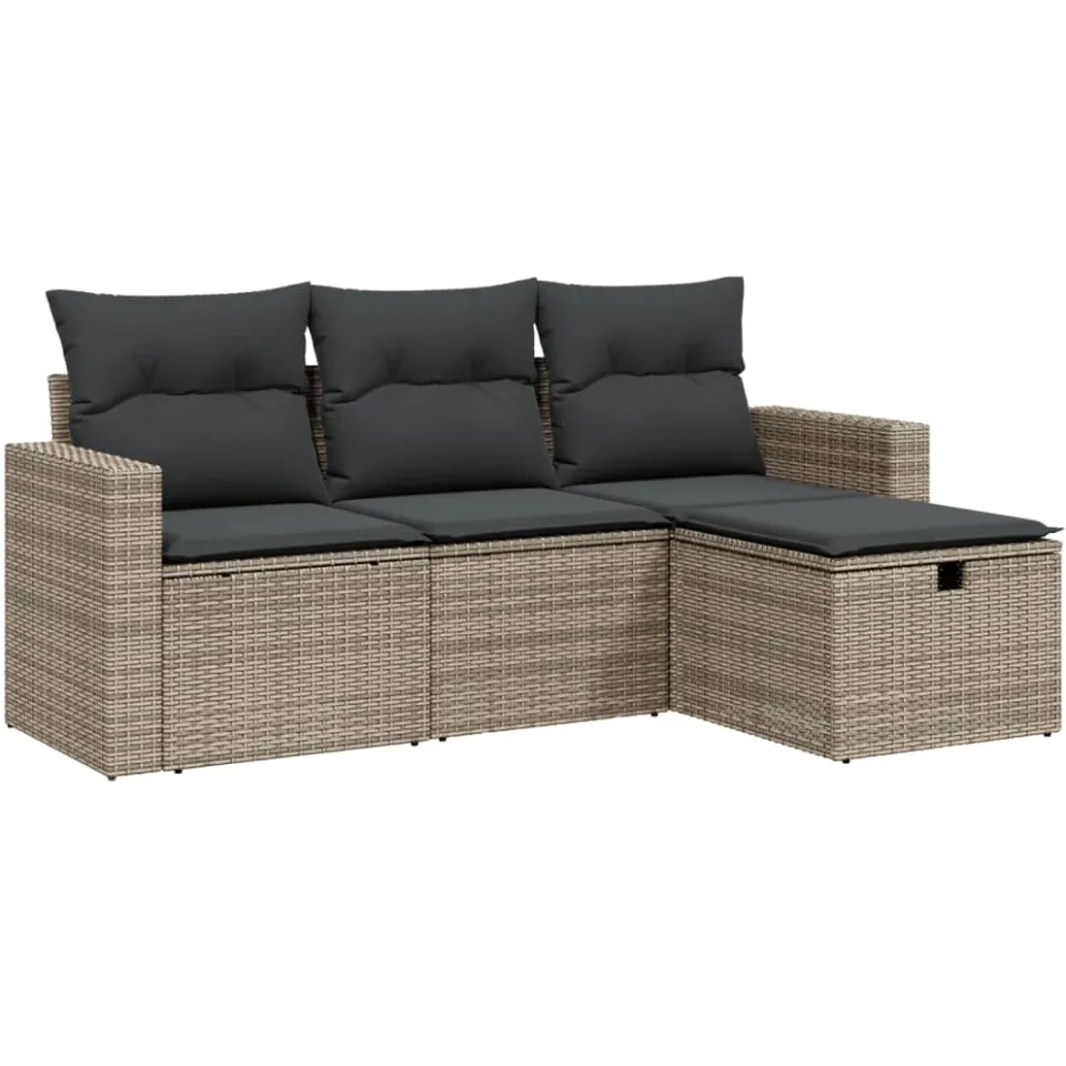 vidaXL 4-delige Loungeset met kussens poly rattan grijs, foto 3