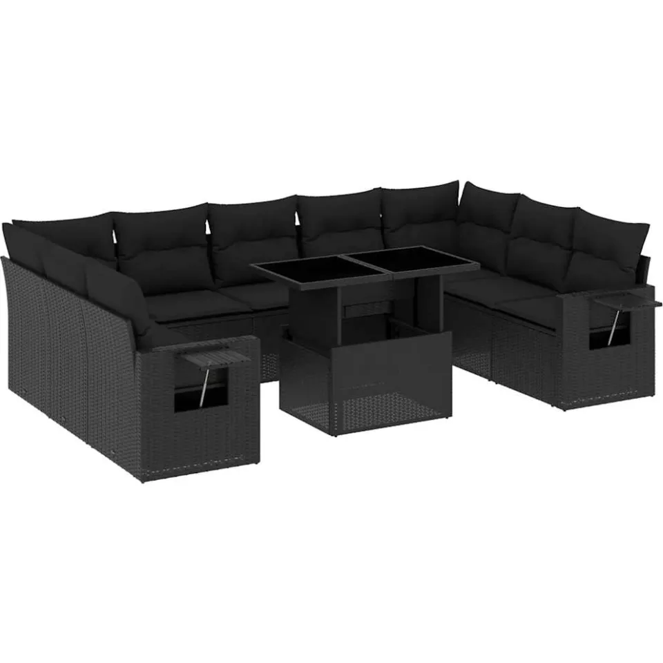 vidaXL 10-delige Loungeset met kussens poly rattan zwart, foto 3