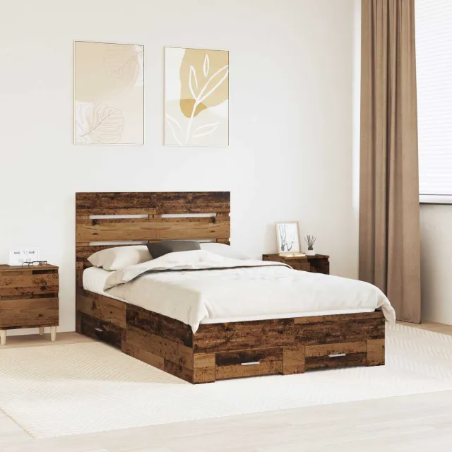 vidaXL Bedframe met lade met opslag Oudhout 120 x 190 cm Bewerkt hout Bruin