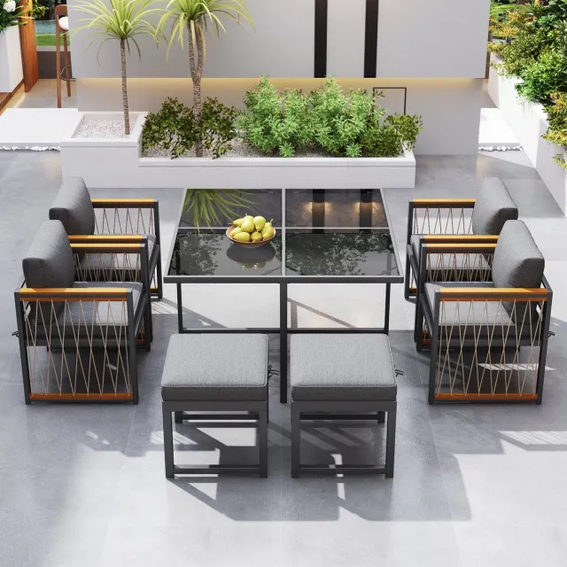 Merax 7-delige eettafel- en stoelenset voor buiten voor 6 personen, tafel van gehard glas, handgeleuningplaat van acaciahout, geschikt voor maaltijden in achtertuin, terras Zwart+natuurlijke