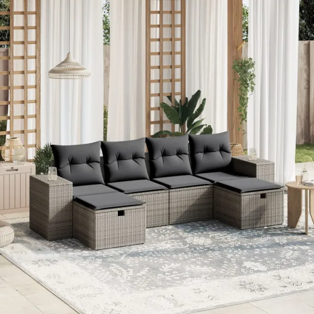 vidaXL 6-delige Loungeset met kussens poly rattan gemengd beige, foto 2