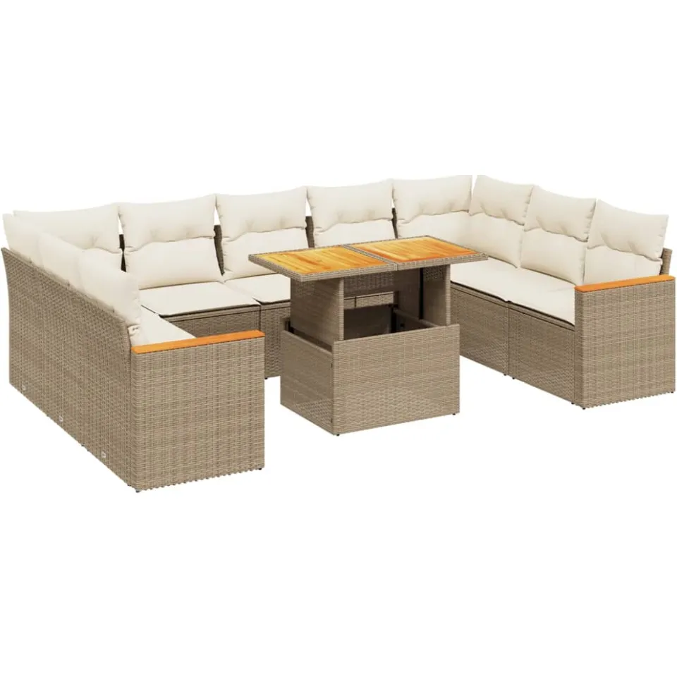 vidaXL 10-delige Loungeset met kussens poly rattan beige, foto 3