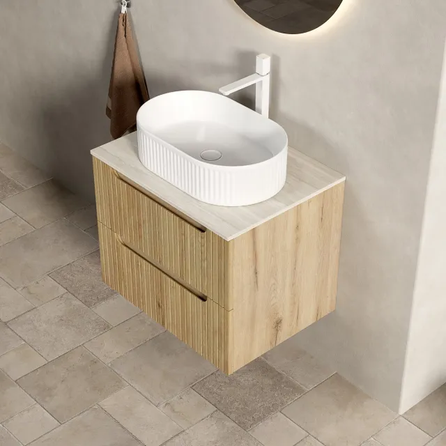 COVREO Badkamer wastafelmeubel 60 cm wit, white oak, 2 lades soft-close