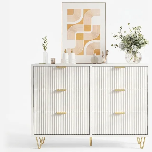 Archi Ladekast met 6 Laden – Witte Commode - Opbergkast – Gegolfd Front – Met Gouden Handgrepen en Poten – Incl Kantelbeveiliging Wit/Goud