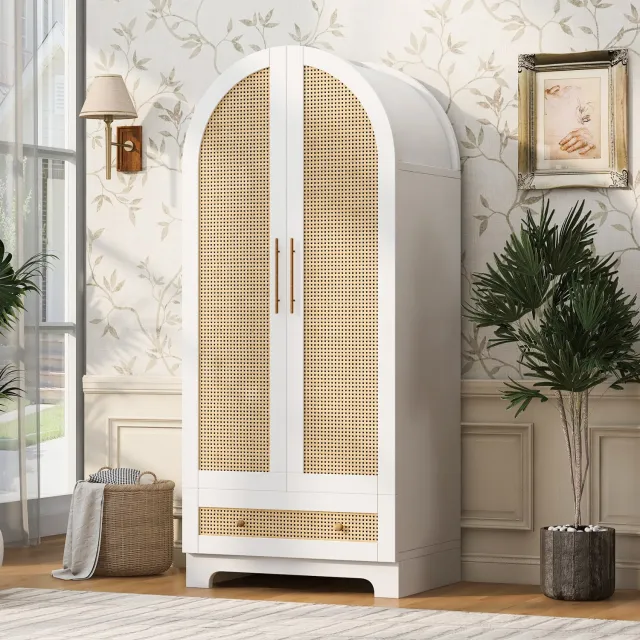 Vovtenza Kledingkast 70x55x170 cm - Houten model met dubbele deuren - met lades en opbergvakken - deuren van kunststof rotan - geschikt voor slaapkamers, kinderkamers of hallen - wit