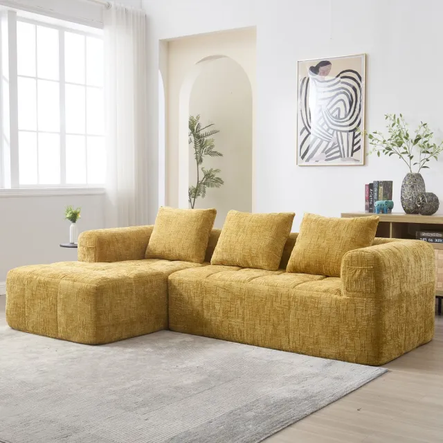 MIVRAY Hoekbank – Modulaire Chaise Longue Met Zijvakken En 3 Kussens – Voor Woonkamer, Slaapkamer En Studio – Chenille Geel