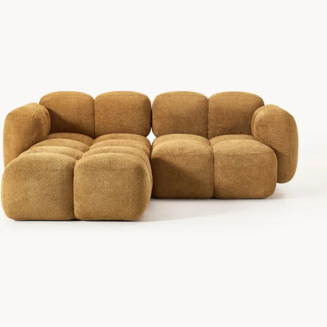 Westwing Collection Modulaire teddy bouclé bank Tayla (2-zits) met poef (links/rechts) Geel
