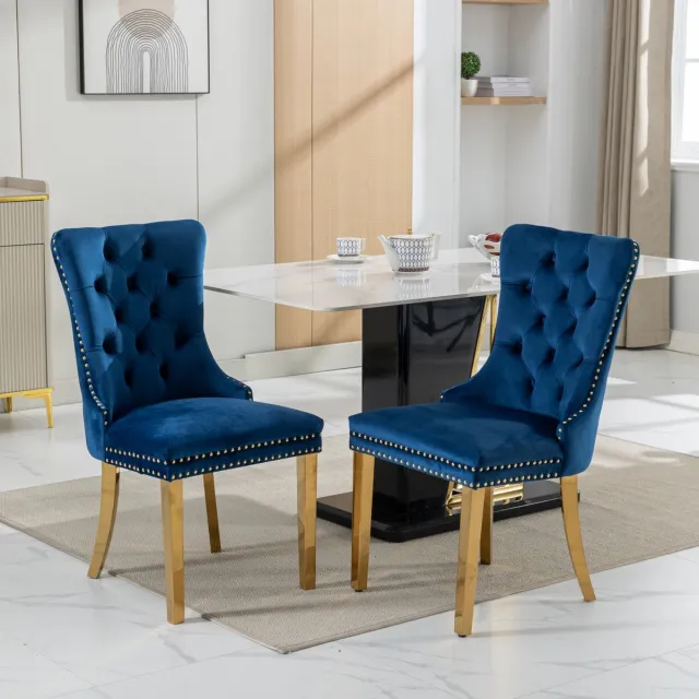 Clruro Eetkamerstoelen - Set van 2 - Gecapitonneerd & Gouden Poten - Nagelkop Detail - Fluweel - Blauw