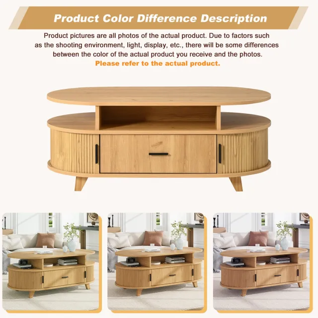 COVREO Salontafel met lade – 100x50x40 cm – Ovale zeteltafel met open vakken – Woonkamermeubel met opbergruimte – Naturel