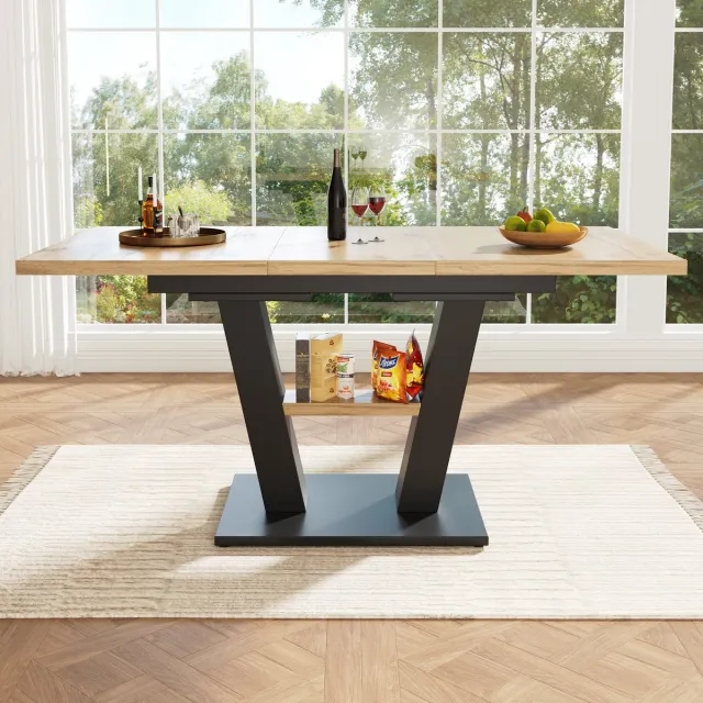 MODFU Uitschuifbare Eettafel - Verlengbaar Tafelblad - Modern - Voor Keuken En Woonkamer - MDF En Metaal - Zwart/Naturel - 118-157 X 70 X 75 Cm Zwart+Natuurlijk