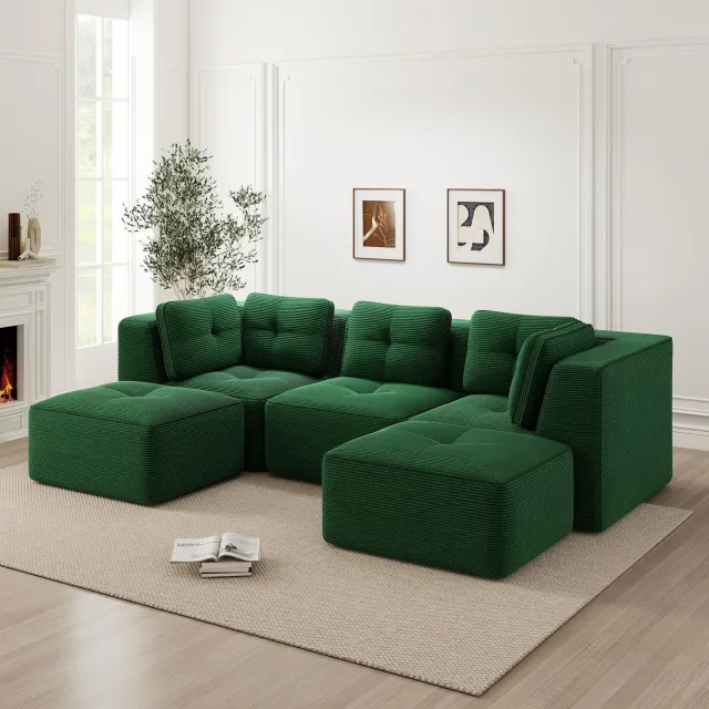STILVORA Hoekbank Modulaire 3-Zits - Diepe Zitting En Zonder Montage - Voor Woonkamer - Cord - Groen