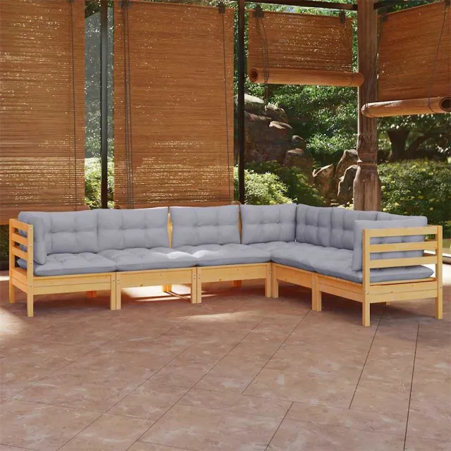 vidaXL 6-delige Loungeset met grijze kussens massief grenenhout grijs, foto 2