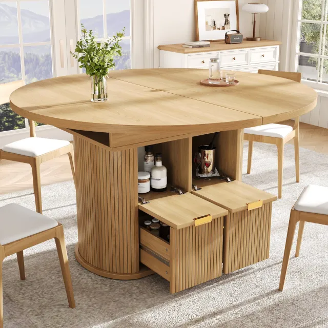 Lemlit Uitschuifbare Eettafel, Ovale Keukentafel 118-158 x 118 x 76,8 cm, met 2 Laden en Opbergruimte, voor 4-6 Personen, Keuken en Eetkamer - Licht Eiken
