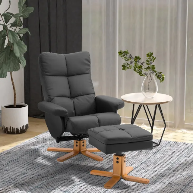 COVREO Relaxfauteuil met hocker 80 x 86 x 99 cm, zwart, kunstleer, draaibaar