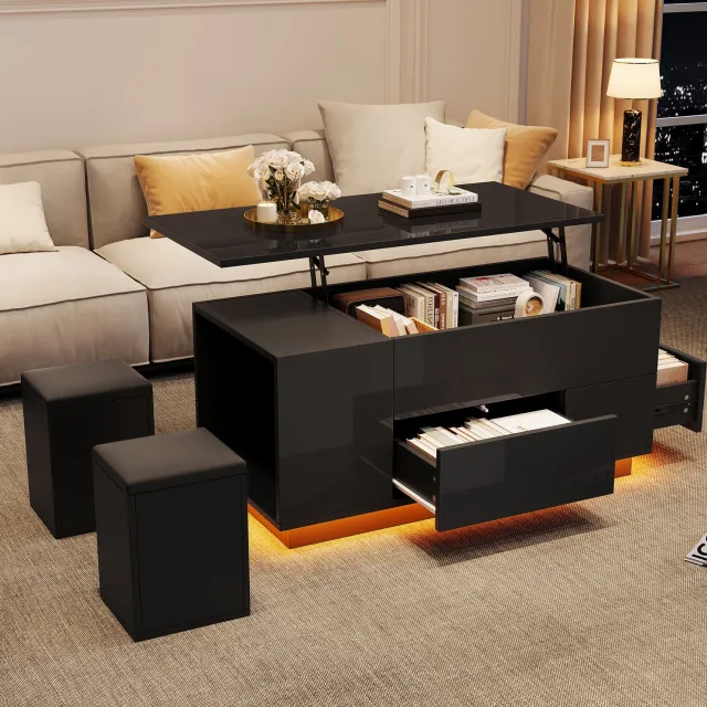 Maisentiel Verstelbare salontafel met LED, 2 lades en 2 opberghockers - 100 x 50 cm - zwart