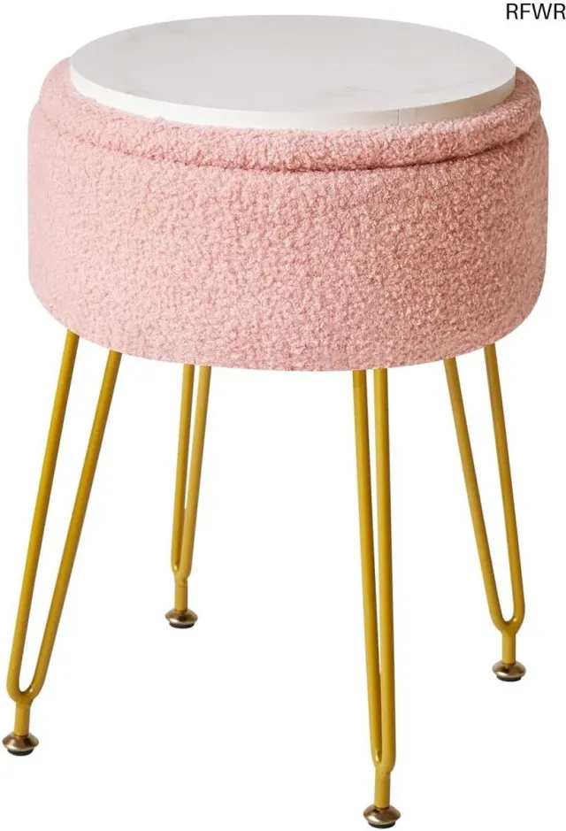 RFWR Teddy Velvet Opberghocker met Gouden Poten - Multifunctionele Make-up Kruk en Bijzettafel Roze