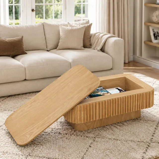 KOMHTOM Rechthoekige, geribbelde salontafel van 98 cm met verborgen opbergruimte, moderne cocktailtafel van massief hout met fineer, eenvoudig in 5 minuten te monteren accenttafel voor de woonkamer, slaapkamer, appartement of kantoor, naturel hout Natuurlijk hout
