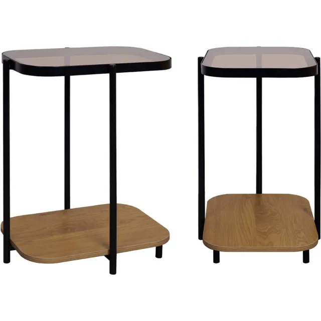 sweeek Set van 2 vintage zwart metalen bankeinden met 2 dienbladen (glas- en houtdecor), afgeronde hoeken Naturel