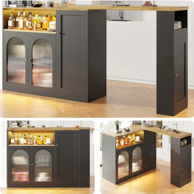 Clruro Bartafel - 198×39,6×97 cm - 360° Draaibaar met LED & Glazen Kastdeur - Zwart Houtlook