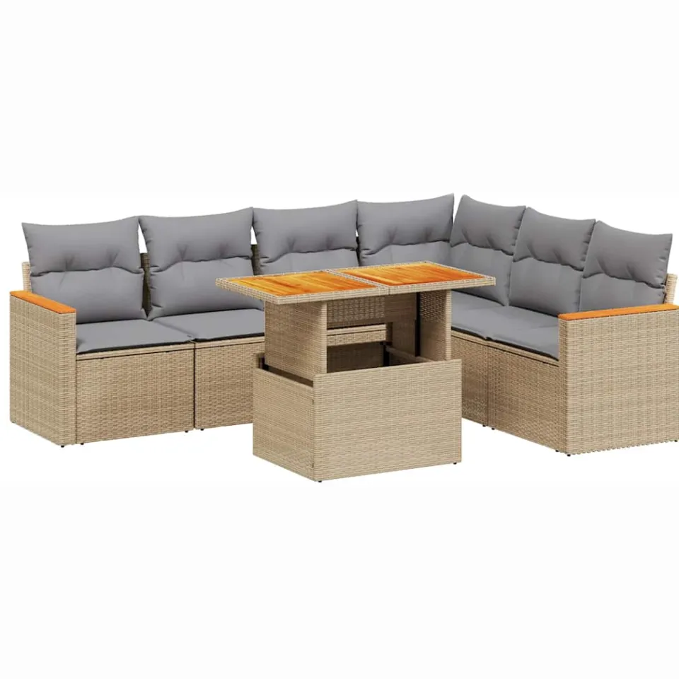vidaXL 7-delige Loungeset met kussens poly rattan beige, foto 3