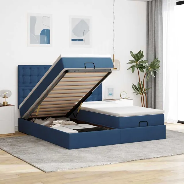vidaXL Ottoman bed met matrassen en LED's 200x200cm stof blauw