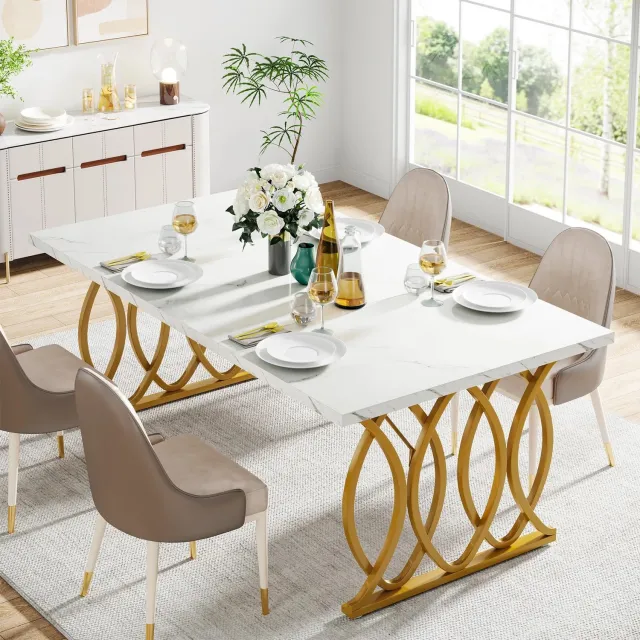 Prime Homely Prime Home Eettafel - Keukentafel - Huistafel - Rechthoekig - 4-6 personen - Modern - 160 cm x 80 cm x 75 cm - Keramiek met goud Wit