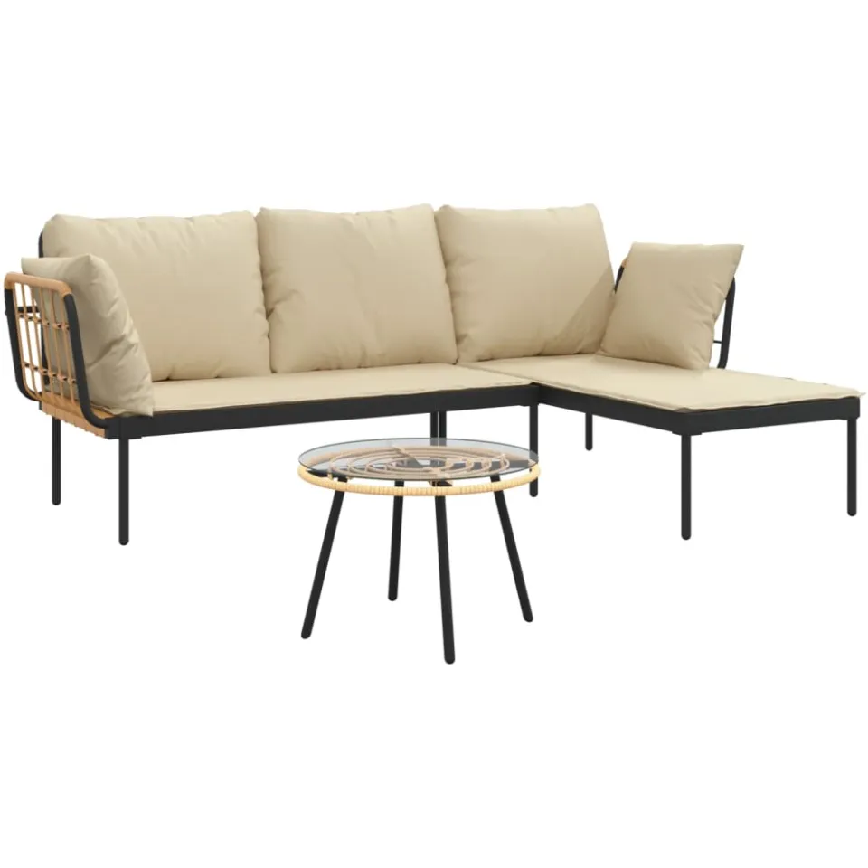 vidaXL 3-delige Loungeset met kussens poly rattan beige