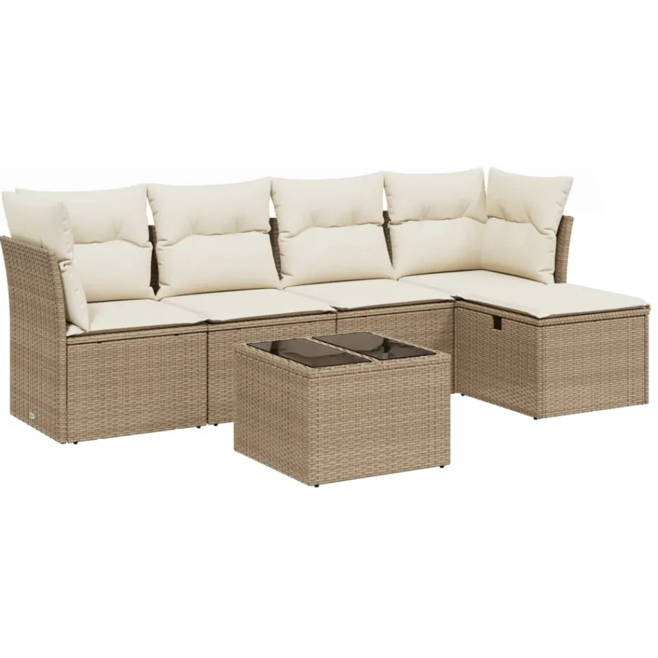 vidaXL 6-delige Loungeset met kussens poly rattan beige