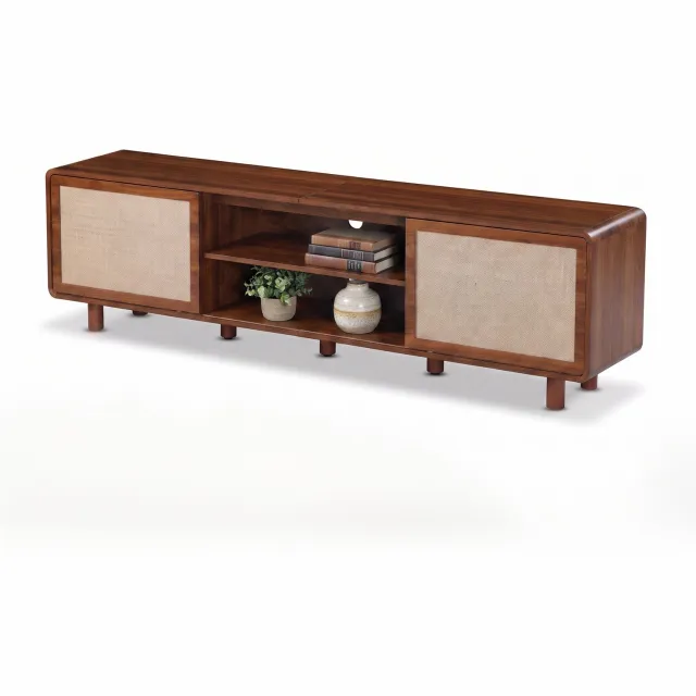 SensaHome Japandi TV-meubel – Lowboard met Rotan Schuifdeuren en Open Middenvak – 178x35x50 cm – Walnoot