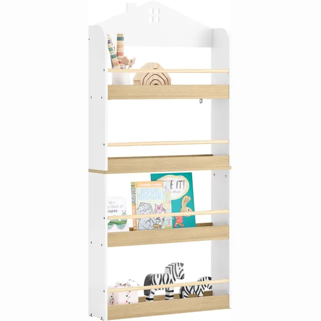 SoBuy KMB121-WN Boekenkast voor kinderen, 4 niveaus, meubels, speelgoed, boekenkast, opbergkast, plank, slaapkamer, wit/naturel, 60 x 15 x 130,5 cm