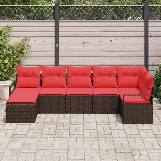 vidaXL Bankstel 7 st Bruin en Rood poly rattan, foto 2