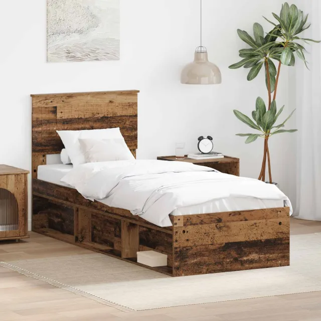 vidaXL Bedframe met hoofdeinde Oudhout 75 x 190 cm Massief grenenhout Bruin