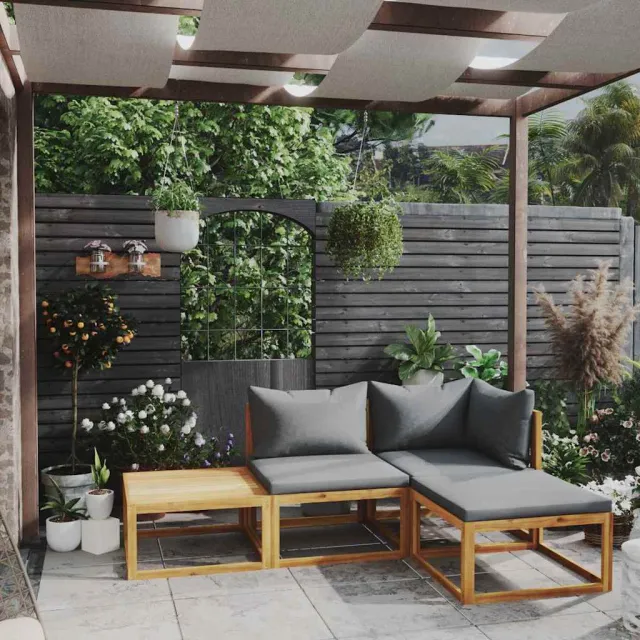 vidaXL 4-delige Loungeset met kussens massief acaciahout grijs, foto 2